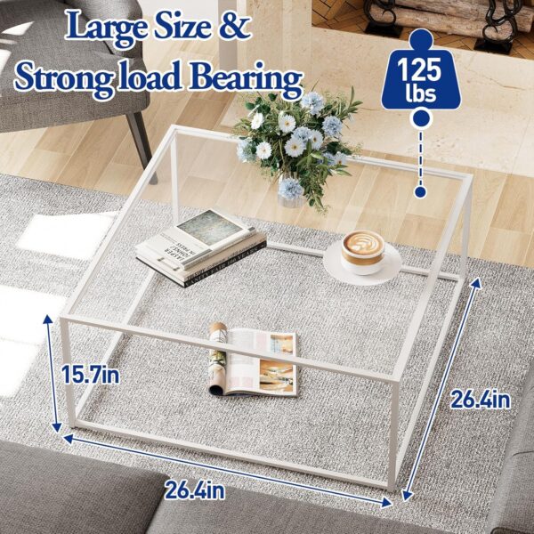 ​​​​​​​​​​​​Glass Coffee Table Square Coffee Table for Small Space,Modern Minimalist Center Table for Living Room Home Office,Tempered Glass-top with Sturdy Metal Frame,Easy Assembly,27 x 27In, White - Image 2