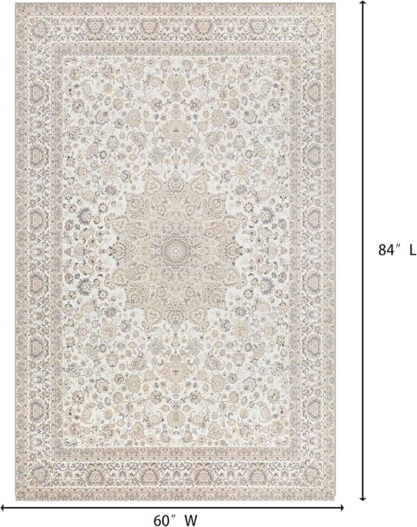 Area Rug Living Room Rugs: 5x7 Large Machine Washable Non Slip Thin Carpet Soft Indoor Luxury Floral Stain Resistant Carpets for Under Dining Table Farmhouse Bedroom Nursery Home Office Beige - Image 2