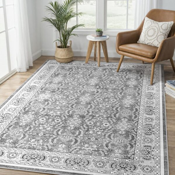 8x10 Area Rugs for Living Room: Vintage Boho Floral Print Rug, Ultra Thin Stain Resistant Washable Rug, Large Soft Non Slip Foldable Carpets for Bedroom Dining Room Office Nursery - Grey