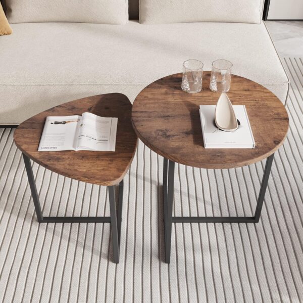 HOJINLINERO Round Coffee Table Set of 2 End Tables for Living Room,Black Small Coffee Table Living Room Table,Metal Frame & Wood,Sturdy and Easy Assembly,Stacking Side Tables Bedroom,Brown - Image 7