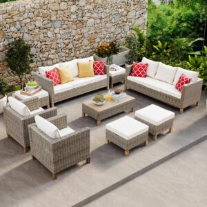 9 Pieces Outdoor Patio Furniture Sets, Wicker All Weather Sectional Sofa with Metal Top Coffee Table, Rattan Conversation Set Outdoor Patio Couch Furniture for Backyard, Garden, Porch, Poolside, Beige