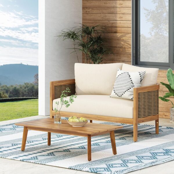 Merax Patio Furniture Outdoor Acacia Wood Wicker Conversation Set 2 Seater with Loveseat and Coffetable for Backyard, Beige