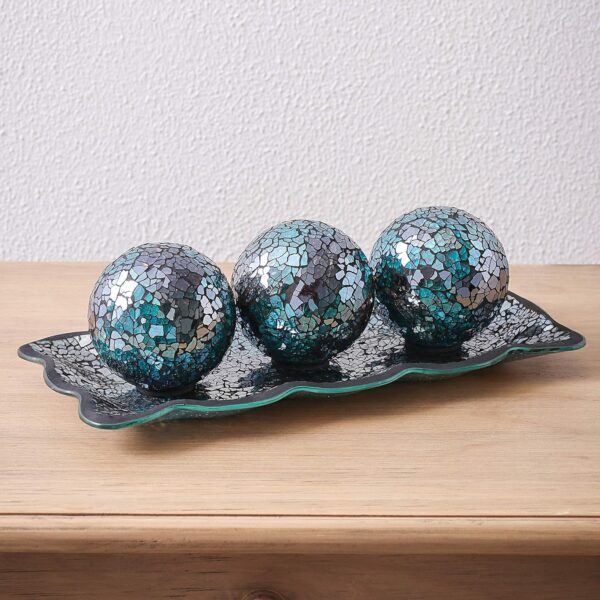 KMwares 12.4” Mosaic Glass Decorative Tray Dish Plate with 3pcs 3" Decorative Orbs Balls Sphere Decor for Living Room or Dining Coffee Table Mantle Decor Centerpiece (Turquoise) - Image 3