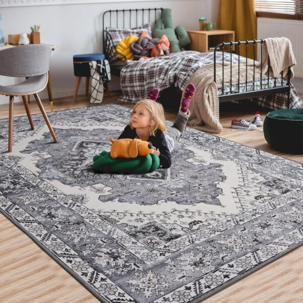 ISEAU Area Rug 6x9 - Rug for Living Room Bedroom Non-Slip Machine Washable Rug, Vintage Rug Low Pile Indoor Floor Distressed Carpet, Accent Rugs for Bedroom Living Room Kitchen Dining Room, Grey - Image 3