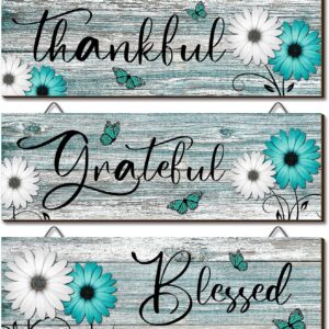 Geetery 3 Pcs Thankful Grateful Blessed Wooden Signs Rustic Daisy Wood Wall Decor Inspirational Wall Art Signs Rustic Wooden Hanging Decorations for Bedroom Kitchen Living Room Bathroom Home (Teal)