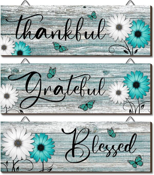 Geetery 3 Pcs Thankful Grateful Blessed Wooden Signs Rustic Daisy Wood Wall Decor Inspirational Wall Art Signs Rustic Wooden Hanging Decorations for Bedroom Kitchen Living Room Bathroom Home (Teal)