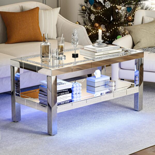 IKIFLY Mirrored Coffee Table with Mirror Crystal Board, Glass Rectangle End Table Coffee Tea Table with 2 Tier for Living Room Bedroom