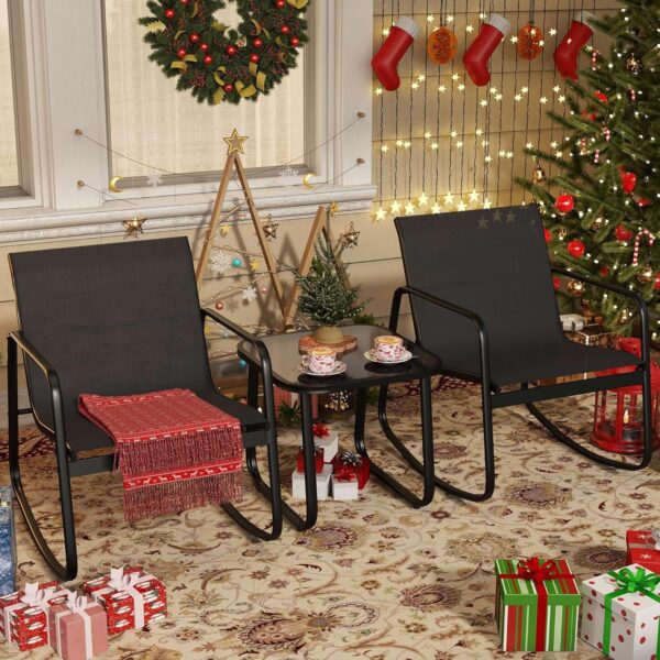 YITAHOME 3 Piece Patio Furniture Set with Rocking Bistro Chairs and Glass Table, Textilene Fabric Small Outdoor Conversation Furniture Set for Backyard, Lawn, Garden, Balcony, Poolside (Black) - Image 2