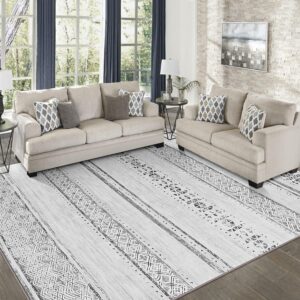 Area Rugs 9x12 Living Room: Large Machine Washable Rug with Non-Slip Backing Stain Resistant Soft Geometric Moroccan Carpet for Bedroom Dining Nursery Room Home Office - Gray/Ivory
