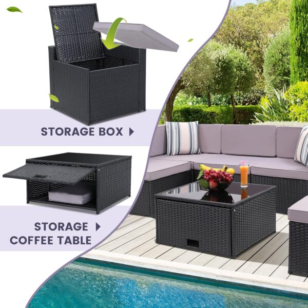 8 Pieces Outdoor Wicker Rattan Patio Furniture Sectional Set, Glass Top Table with Hidden Storage, 7 Sofa Sections, Oversized Cushions, Black Color Rattan with Light Grey Cushion - Image 4