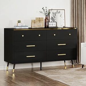 DWVO Black 6 Drawer Dresser, 47" W Large Double Dresser Chest of Drawers, Modern Wood Storage Dresser Organizer with Golden Metal Handles & Anti-Tipping Device for Hallway, Entryway, Dresser Room