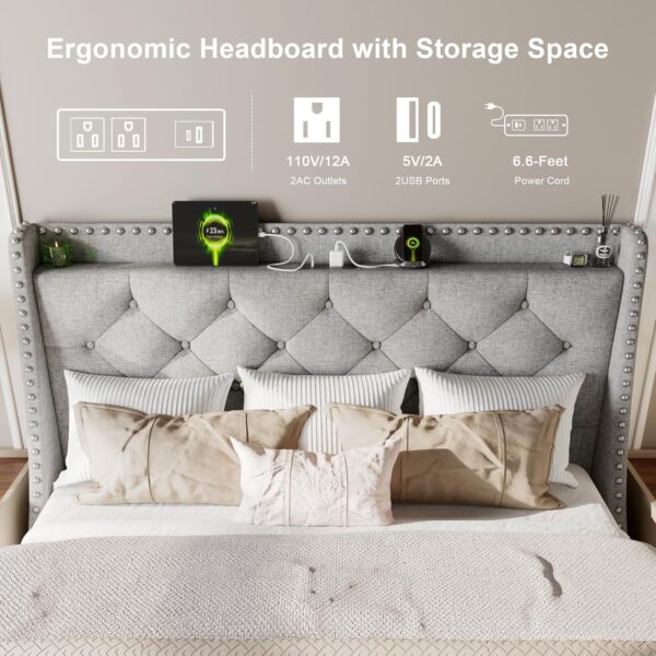 Feonase Queen Bed Frame with Luxury Wingback Upholstered Button Tufted Storage Headboard, Queen Platform Bed with Charging Station, Sturdy Wooden Slats Support, Noise-Free, Easy Assembly, Light Gray - Image 3