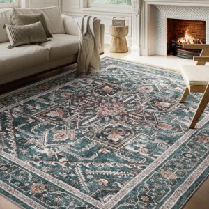 Boho Area Rugs 9x12 for Living Room Machine Washable, Ultra-Soft Large Rugs for Bedroom Vintage Non-Slip Stain Resistant Indoor Rugs for Dining Room Nursery Playroom Home Decor, Dull Teal