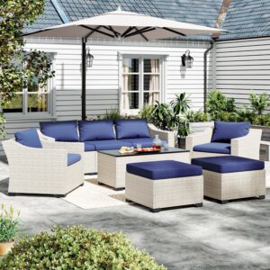 Patio Conversation Set Rattan Outdoor 8 Piece Sectional Furniture Sofa Set Wicker Couch with Coffee Table and Cushions for Poolside, Backyard