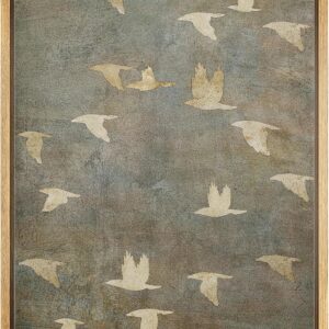 NWT Framed Canvas Print Wall Art Grunge Gold Flying Bird Collage Nature Wilderness Illustrations Modern Art Decorative Landscape Rustic Zen Colorful for Living Room, Bedroom, Office - 24"x36" NATURAL