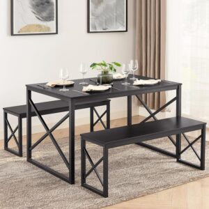 VECELO Kitchen Table with 2 Benches for 4, Wood Dining Room Dinette Sets with Metal Frame for Breakfast Nook and Small Space, 43.3", Black