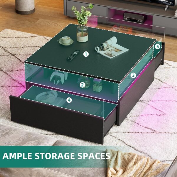 YITAHOME Coffee Table, Coffee Tables for Living Room with Storage, Square Coffee Table with 2 Sliding Drawers, Modern Coffee Table with LED Light, Acrylic Wood Center Table, Black - Image 6