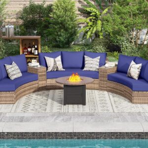 Patio Conversation Set, 11 Piece Half-Moon Sectional Round Patio Furniture Set, with Large Storage Wedge Table Wicker Sofa Set, for Backyard Patio Garden, Blue