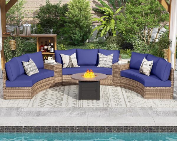 Patio Conversation Set, 11 Piece Half-Moon Sectional Round Patio Furniture Set, with Large Storage Wedge Table Wicker Sofa Set, for Backyard Patio Garden, Blue