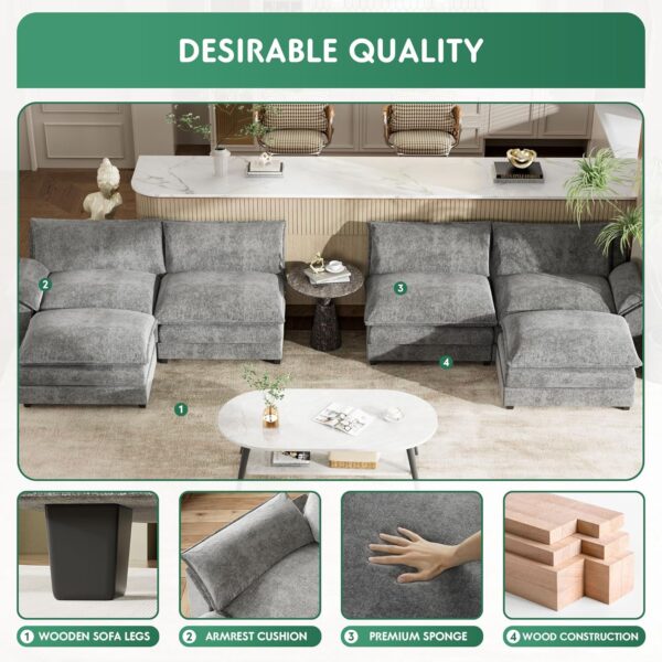YESHOMY Sectional Modular Sofa U Shaped Chenille Fabric Couch with High Supportive & Soft Sponges and Removable Ottoman, Sleeper Comfy Upholstered Furniture for Living Room, Grey - Image 6