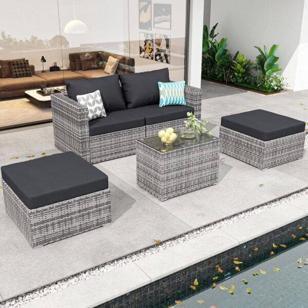 5 Pieces Outdoor Patio Sectional Furniture Set with Ottomans, Wicker Patio Furniture Conversation Sets Sofa for Backyard Garden Balcony Poolside,Waterproof, rain Cover - Image 5