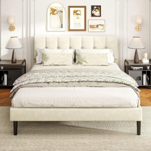 Queen Bed Frame, Platform Beds with Upholstered Headboard, Mattress Foundation with Wooden Slats Support, Easy Assembly, Noise Free, No Box Spring Needed, Beige Velvet - Image 3