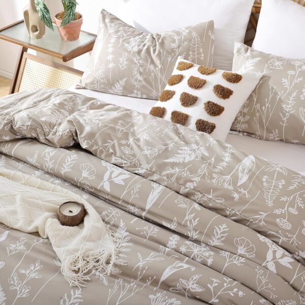 JANZAA Duvet Cover Twin Oatmeal Boho Duvet Cover with White Floral Patterns Botanical Bedding Soft Microfiber Bed Cover with Zipper Closure 4 Ties (1 Pillow Cases) - Image 5
