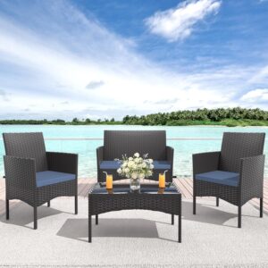 4-Piece Patio Furniture Set Outdoor Rattan Furniture Patio Conversation Set for Patio, Backyard, Porch, Poolside w/Coffee Table-Dark Blue