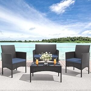 4-Piece Patio Furniture Set Outdoor Rattan Furniture Patio Conversation Set for Patio, Backyard, Porch, Poolside w/Coffee Table-Dark Blue