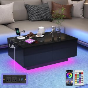 SUSSURRO LED Coffee Table with 4 Storage Sliding Drawers, High Glossy Modern Center Table with 20 Colors LED Lights for Living Room Bedroom,(Style-1 Black)