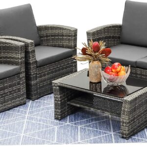 LayinSun 4 Piece Outdoor Patio Furniture Sets, Wicker Conversation Sets, Rattan Sofa Chair with Cushion for Backyard Lawn Garden (Grey)