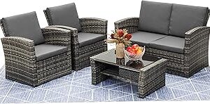LayinSun 4 Piece Outdoor Patio Furniture Sets, Wicker Conversation Sets, Rattan Sofa Chair with Cushion for Backyard Lawn Garden (Grey)
