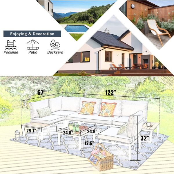 PHI VILLA 6-Piece Metal Outdoor Sectional Sofa Sets Wrought Iron Patio Loveseat Conversation Sets with Coffee Table & Cushions Garden Furniture Sets, Light Grey - Image 7