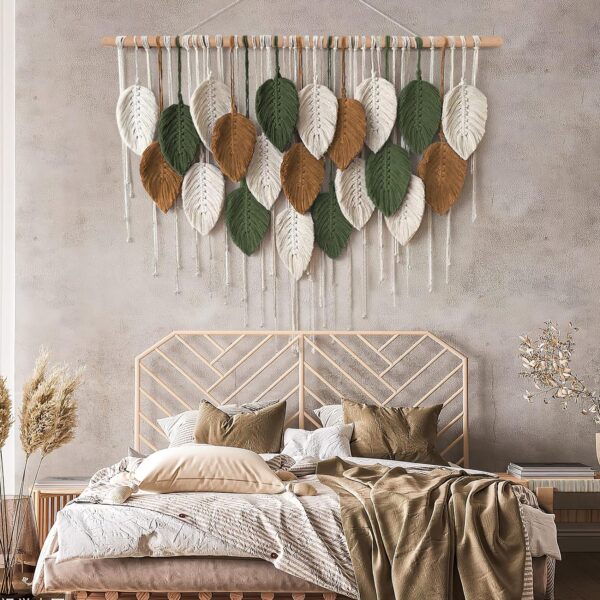 KHOYIME Large Macrame Wall Hanging Boho Woven Tapestry, Chic Home Decor Modern Bohemian Handmade Leaf Feather Wall Art Decorations for Apartment Dorm Living Room Bedroom Nursery Backdrop 39"W X 29.5"L - Image 5