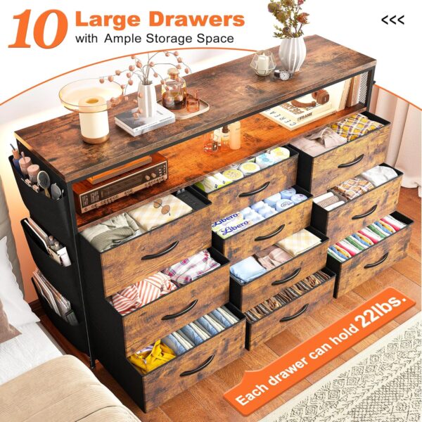 EnHomee Dresser TV Stand with 10 Drawers for 55" TV Stand for Bedroom with LED Lights & Power Outlets Wide Dresser for Bedroom with Shelves & Side Pockets Sturdy Metal Frame & Wood Top, Rustic Brown - Image 3