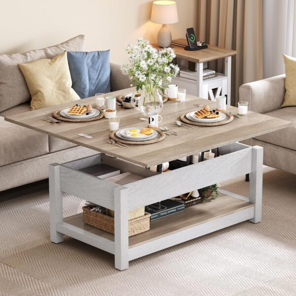YITAHOME Lift Top Coffee Table, 3 in 1 Multi-Function Coffee Tables with Storage for Living Room, Farmhouse Modern Dining Table for Small Reception Room/Home Office,Grey Wash - Image 2