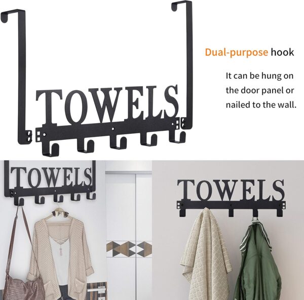 Over The Door Hooks, Towel Holder for Bathroom, Door Mount Towel Rack for Bedroom Kitchen Pool Beach Bathrobe, Wall Mount for Cabinet Cupboard Metal Sandblasted (Black) - Image 3