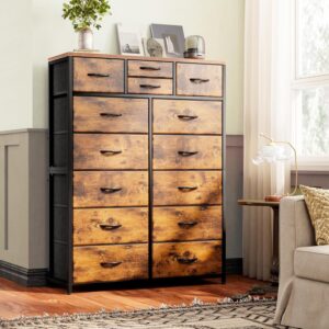 EnHomee Dresser for Bedroom with 14 Drawers Tall Dressers for Bedroom Dressers & Chests of Drawers,Wooden Top,Sturdy Metal Frame, Rustic Brown, 11.8" D x 37" W x 52" H