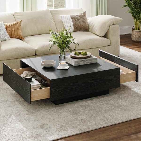 POVISON Mid Century Modern Coffee Table with Storage, Square Coffee Table with Drawers, 35.43" Wood Coffee Table for Living Room Home Office, Fully-Assembled Black Coffee Table - Image 3