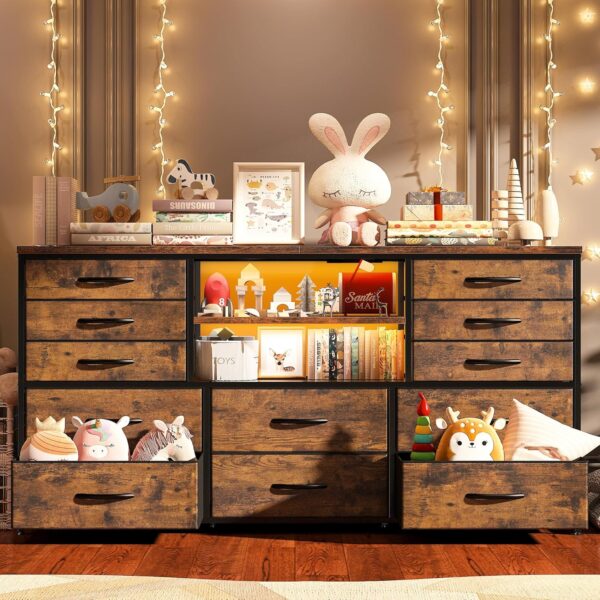 EnHomee Dresser with LED Lights & Power Outlets, 12 Drawers Dresser TV Stand for 60''TV for Bedroom Dresser Fabric Dressers & Chest of Drawers, Sturdy Long Dresser for Closet Living Room,Hallway - Image 2