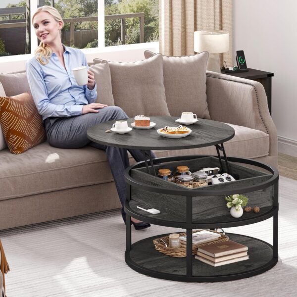 DWVO Round Coffee Tables for Living Room,Lift Top Coffee Table with Storage, Farmhouse Wood Coffee Table,Circle Coffee Tables Living Room for Home Office,Grey - Image 3