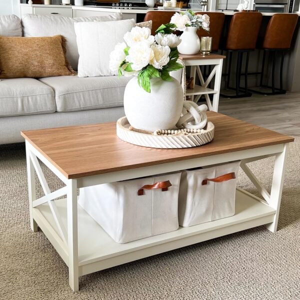 PHI VILLA Coffee Table - Modern Coffee Tables with Storage for Living Room Shelf 2 Tiers, Farmhouse Coffee Table Set - Image 2