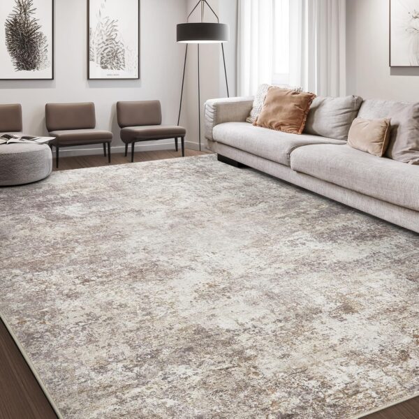 Area Rug Living Room Rugs - 9x12 Abstract Large Soft Indoor Washable Rug Neutral Modern Low Pile Carpet for Bedroom Dining Room Farmhouse Home Office - Brown