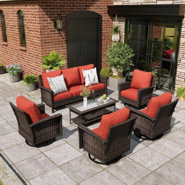 6-Piece Patio Furniture Set, Oversized Outdoor Wicker Sofa with Swivel Chairs and Coffee Table, Sectional Rattan Outdoor Conversation Set for Poolside Backyard Deck, Red - Image 7