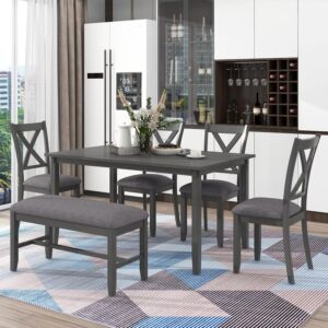 Merax 6-Piece Wooden Kitchen Dining Table Set with 4 Fabric Chairs and Bench, Family Furniture, Grey