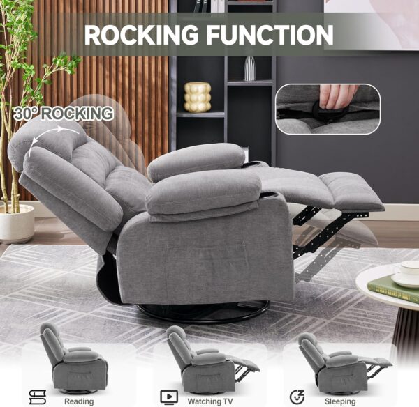 Rocker Recliner Chair with Heat and Massage, 360° Swivel Recliner Chairs for Adults, Oversized Recliner Single Sofa Seat with Cup Holders, Lazy Boy Recliner Single Sofa Seat, Grey - Image 3