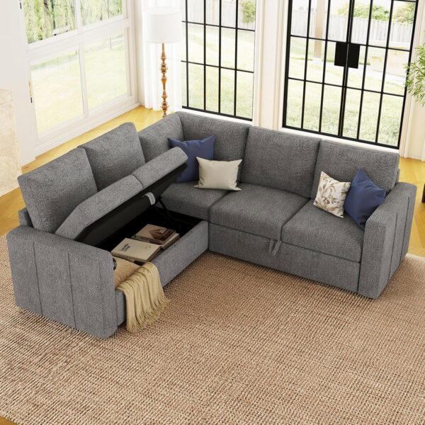 Belffin Modular Sectional Sleeper Sofa with Pull Out Couch, L Shaped Sleeper Pull Out Bed, Convertible Sectional Couches for Living Room, Light Grey - Image 3