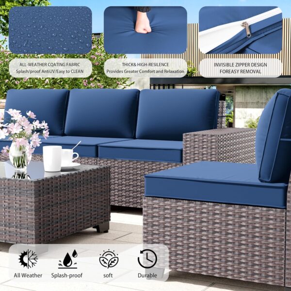 Outdoor Patio Furniture Set, 6 Pieces Outdoor Furniture All Weather Patio Sectional Sofa PE Wicker Modular Conversation Sets with Coffee Table,5 Chairs & Seat Clips Dark Blue - Image 4