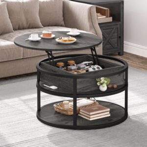 DWVO Round Coffee Tables for Living Room,Lift Top Coffee Table with Storage, Farmhouse Wood Coffee Table,Circle Coffee Tables Living Room for Home Office,Grey
