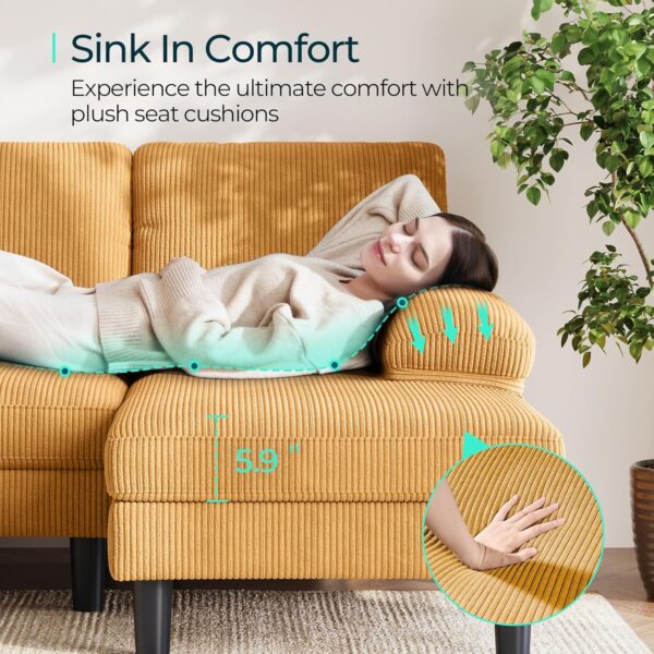 LINSY HOME U Sectional Couch, 111'' W Corduroy Sofa with Sleepable Armrests, 4 Seat Couch with Double Chaises, Deep Sofa for Living Room, Yellow - Image 4